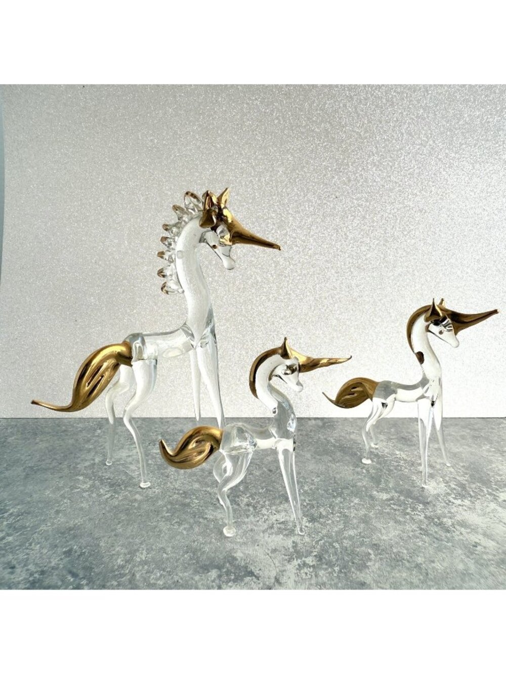 Vintage Handblown Spun Glass Unicorn Family Figurines With Gold Accents Set Of 3